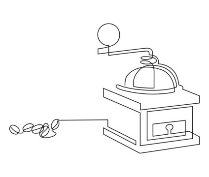 Old manual coffee grinder made of metal and wood with coffee beans on and around the grinder. Retro style. Continuous line drawing illustration