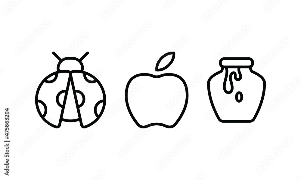 Poster set of icon collection related to gardening tools and equipments. a beetle, apple, and honey pot. th