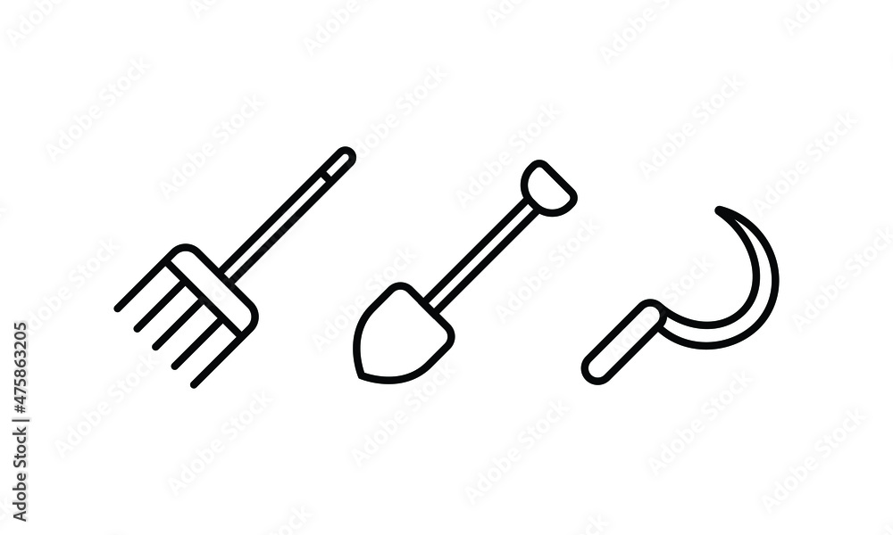 Poster set of icon collection related to gardening tools and equipments. a fork, shovle, and sickle. the ed