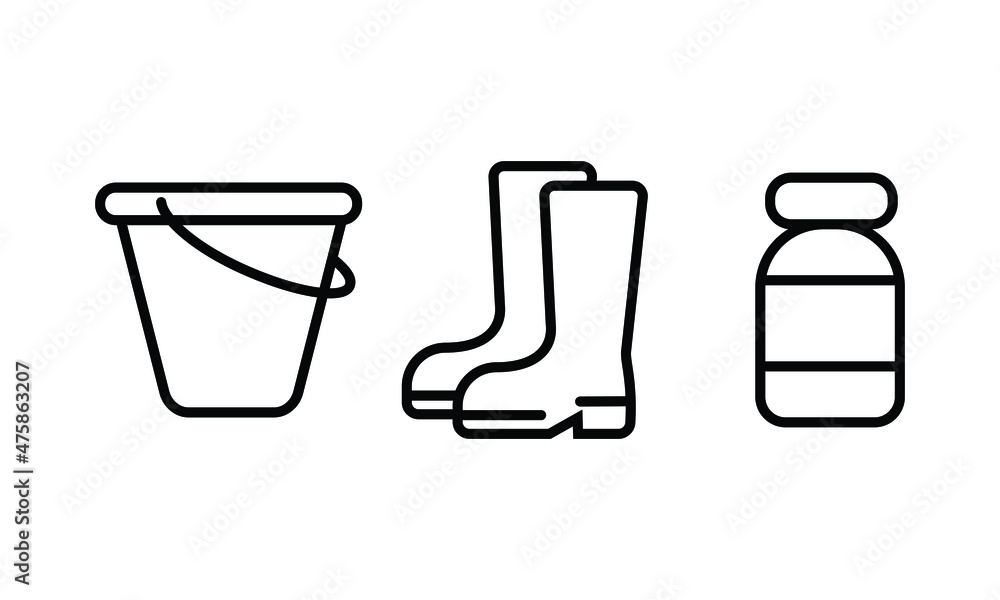 Poster set of icon collection related to gardening tools and equipments. a bucket, boots, and fertilizer. t