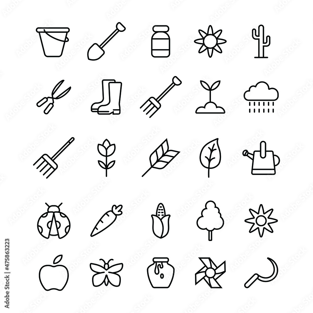 Poster set of icon collections related to gardening tools and equipment. the editable stroke line for web i