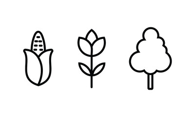 set of icon collection related to gardening tools and equipments. a corn, flower, and tree. the editable stroke line for web icon interface or any design element.