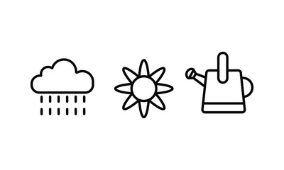 set of icon collection related to gardening tools and equipments. a rain cloud, sun, and watering plant. the editable stroke line for web icon interface or any design element.