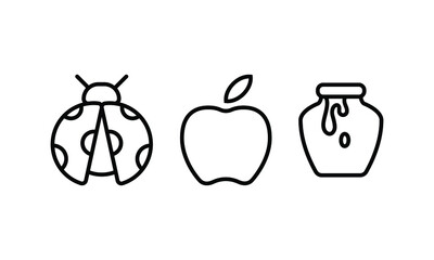 set of icon collection related to gardening tools and equipments. a beetle, apple, and honey pot. the editable stroke line for web icon interface or any design element.
