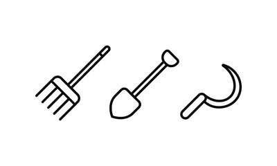 set of icon collection related to gardening tools and equipments. a fork, shovle, and sickle. the editable stroke line for web icon interface or any design element.