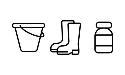 set of icon collection related to gardening tools and equipments. a bucket, boots, and fertilizer. the editable stroke line for web icon interface or any design element.