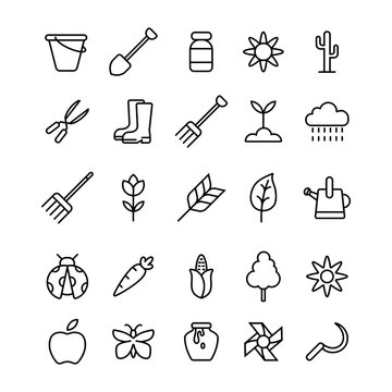 set of icon collections related to gardening tools and equipment. the editable stroke line for web icon interface or any design element. a pictogram set in a minimal outline style.
