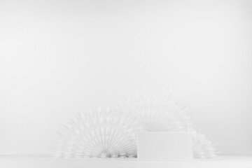 Bright light white abstract stage with single rectangle stand mockup with circle ribbed carved decorations in geometric style on table for showing, presentation cosmetic product or goods, copy space.