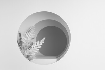 White scene with rectangle stand, fern leaves, round shift arches, perspective, light, shadow,...