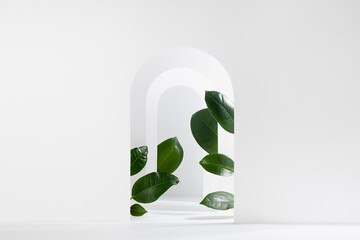 Abstract summer scene template for presentation cosmetic product, design, advertising with white arches as gate or podium with green leaves, sunlight, shadows in elegant floral tropical style.