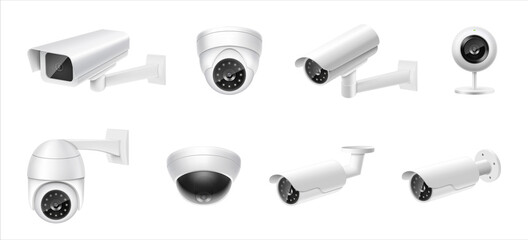 Closed circuit television cameras realistic set. External cctv. Surveillance equipment. Security monitoring system for smart home, company. Vector realistic cctv isolated on white background.