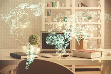 Double exposure of social network theme drawing and office interior background. Concept of web.