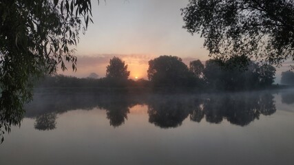 The sun rises among the trees growing on the far bank of the river. Morning fog is spreading across the water. The branches of trees lean over the water.