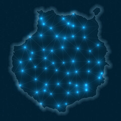 Gran Canaria network map. Abstract geometric map of the island. Digital connections and telecommunication design. Glowing internet network. Appealing vector illustration.