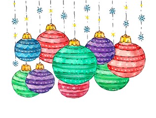 Set of bright balls for christmas card, watercolor illustration