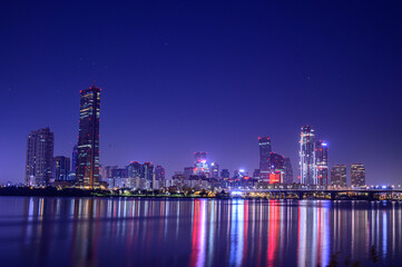 Cityscape night view of Yeouido, Seoul at sunset time