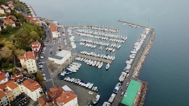 A 4K aerial view of the Marina of Muggia in Italy