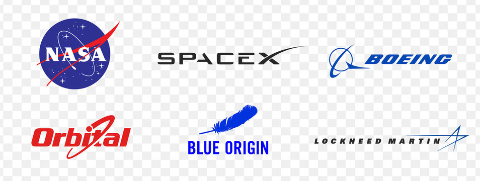 Space company logo set. Nasa, SpaceX, Blue-Origin,  Boeing, Lockheed-Martin, Orbital. Editorial Stock vector.