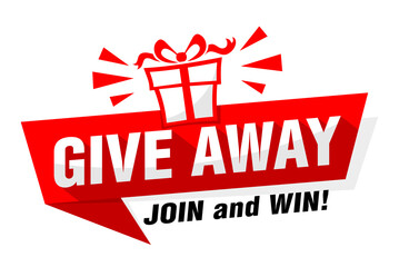 Giveaway red banner announcement of competition with present in social media. Vector sticker on transparent background