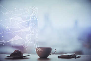 Double exposure of start up theme drawings over coffee cup background in office.