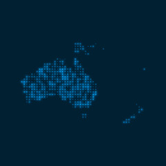 Oceania dotted glowing map. Shape of the continent with blue bright bulbs. Vector illustration.