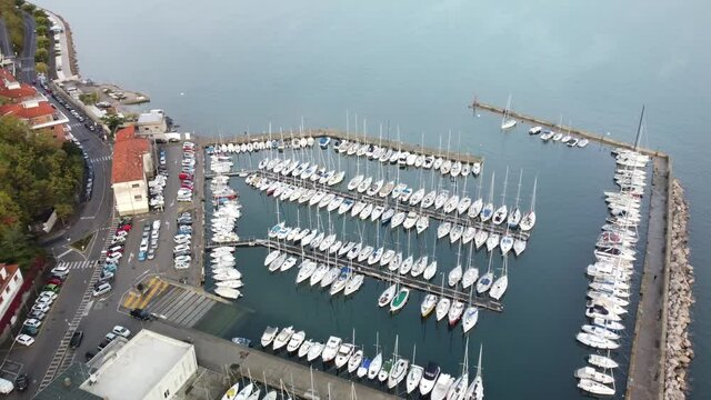 A 4K aerial view of the Marina of Muggia in Italy