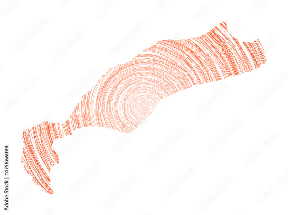 Poster kos map filled with concentric circles. sketch style circles in shape of the island. vector illustra