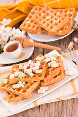 Waffles with colourful marshmallow.