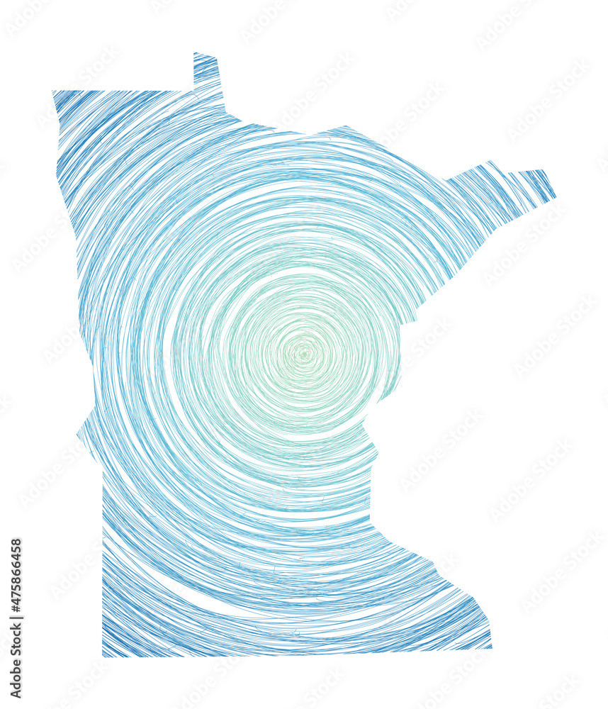 Poster minnesota map filled with concentric circles. sketch-style circles in the shape of the us state. vec