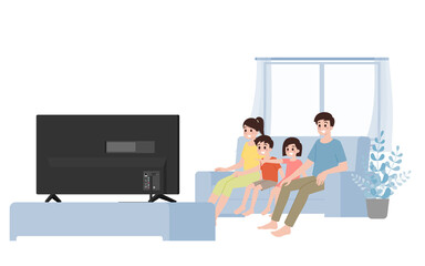 Happy family watching tv together isolated on white background. Parents mother and father watch television with son and daughter children sitting on a sofa with cozy relaxing.