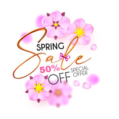 Spring sale banner with soft flowers and golden test.