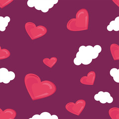 Seamless pattern with hearts and clouds. Vector cartoon illustration.