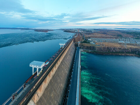 The Bratsk Hydroelectric Power Station. A  dam on the Angara River and adjacent hydroelectric power station. 
