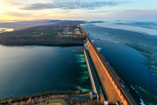 The Bratsk Hydroelectric Power Station. A  dam on the Angara River and adjacent hydroelectric power station. 