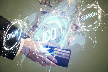 Multi exposure of blockchain theme drawing hologram and USA dollars bills and man hands. Business concept.