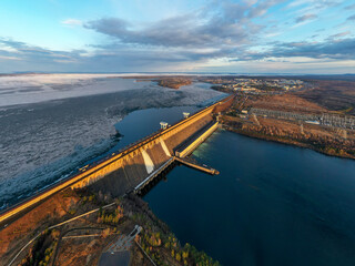 The Bratsk Hydroelectric Power Station. A  dam on the Angara River and adjacent hydroelectric power station. 