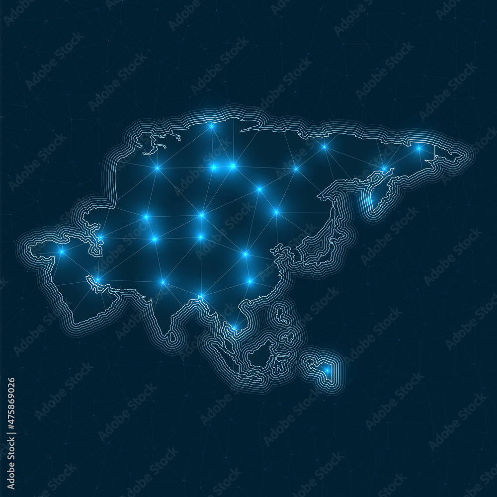 Poster asia network map. abstract geometric map of the continent. digital connections and telecommunication