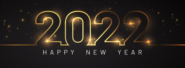 Happy New Year of glitter gold fireworks. Vector golden glittering text and 2022 numbers with sparkle shine for holiday greeting card. - obrazy, fototapety, plakaty