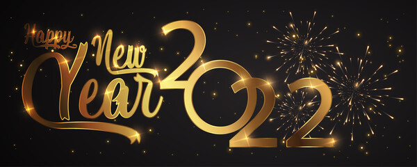 Happy New Year of glitter gold fireworks. Vector golden glittering text and 2022 numbers with sparkle shine for holiday greeting card.