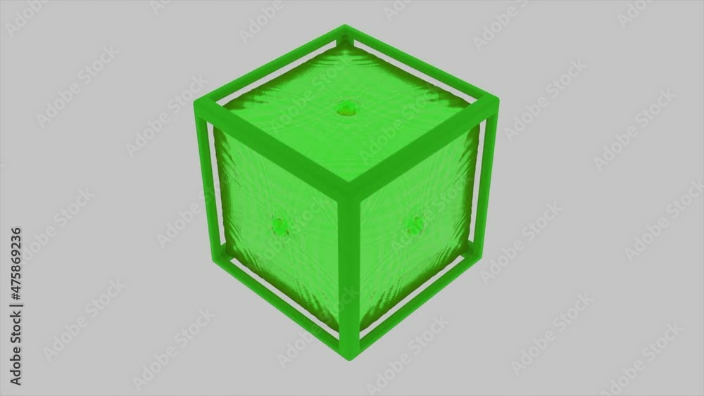 Poster abstract green cube with liquid substance inside in motion. design. 3d figure with fixed edges and r