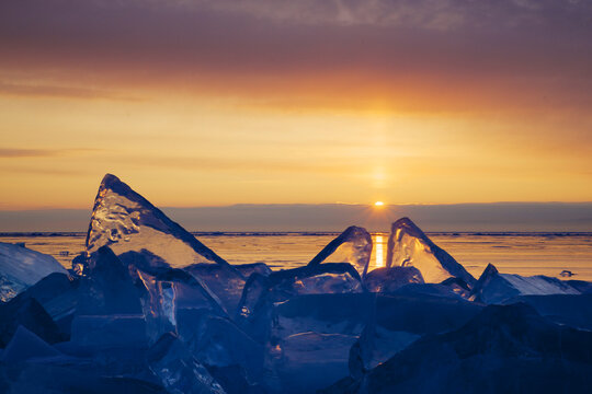 Baikal ice on sunrise