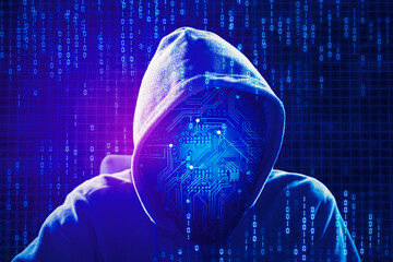 Double exposure of hooded hacker in metaverse