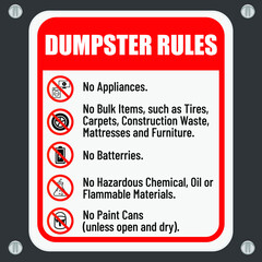 Dumpster rules sign. It is forbidden to throw a certain type waste in a garbage dump. Poster. Eps10 vector illustration