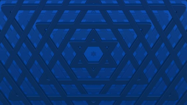 Concept: Judaism background. Dark blue stars of david grow on the light blue surface. Geometric surface background animation. Loopable. Full frame. 3d rendering.