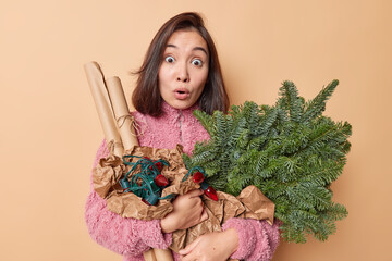 Shocked young Asian woman dressed in pink winter coat carries spruce branches garland and wrapped...
