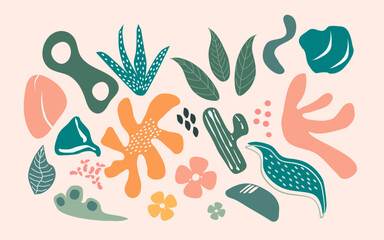 Naklejka premium Leaves Cactus Rock Elements Organic Shapes Background Vector. Scandinavian Art Doodle botanical hand drawn collection. Big Set Decorative Contemporary Drawing Seamless Tropical Print Plant Wallpaper