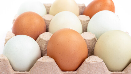 Organic chicken eggs in carton close-up. The concept of a healthy diet with farm products. Eggs as a source of cholesterol as well as protein and vitamins.