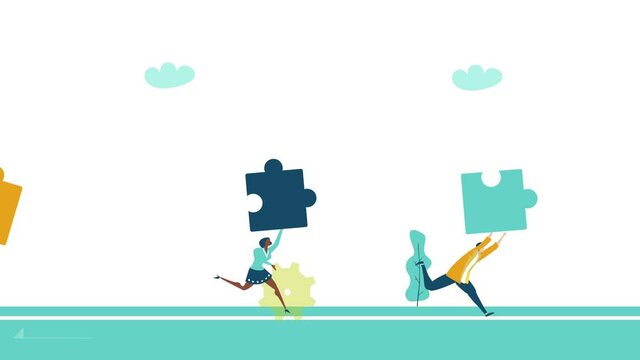 Businessman finishes first. Business people, team creative people running with puzzle pieces. Working together, solving problems, help and support idea. 4K animation