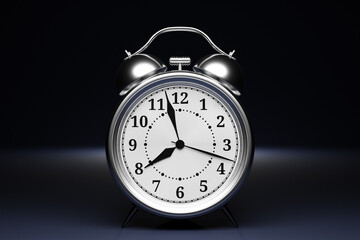 An silver vintage alarm clock standing on the floor with a bright black background. 3d render illustration