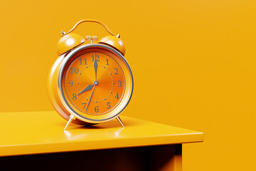 An yellow vintage alarm clock standing on the floor with a bright yellow background. 3d render illustration